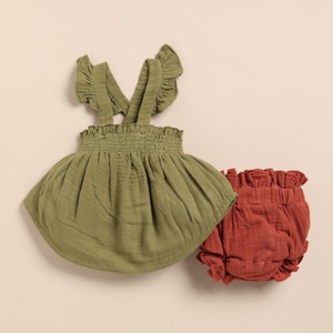 Organic Muslin Sleeveless Frill Top and Bloomer <b>Set</b> Premium Quality Olive + Picante <b>Baby</b> Clothing - Product Image 1