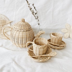 Lovingly woven rattan pretend <b>teapot</b> play <b>set</b> tea party accessory toys miniature jug with cups - Product Image 4