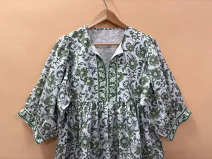 Ethnic Floral Hand Print Cotton Midi <b>Dress</b> With Tie Neck Short Puff Sleeve <b>Loose</b> Fit Casual Summer <b>Dress</b> For Women - Product Image 1