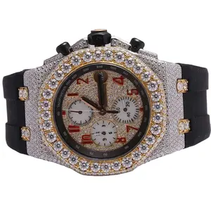 multicolor bands VVS Moissanite Diamond iced out bused down Cuban Men Watch, Stainless Steel All Chronograph Working 42mm