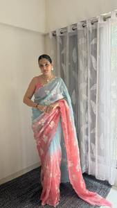 Elegante Saree de Seda de Doble Tono con Bordado Exquisito y Blusa de Seda a Juego para Ocasiones Festivas - Product Image 3