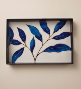 Plateau de service moderne en émail à motif de feuilles bleues, assiette en métal avec poignées uniques, décoration esthétique pour la maison, centre de table, vaisselle - Product Image 2