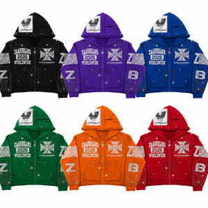 Sweat à capuche zippé personnalisé avec strass, délavage vintage, coupe oversize, streetwear, en molleton de coton épais, motif graphique vieilli, imperméable, pour homme - Product Image 6
