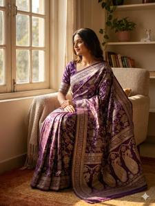 <b>Red</b> Banarasi Silk <b>Saree</b> Golden Zari Work Traditional Indian Ethnic Wear for Diwali Wedding Party Women - Product Image 2