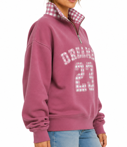 DRE AMER OEM ODM Ensemble court sweat à capuche col montant pour femme, avec broderie patch à carreaux et lettres grecques, en coton oversize - Product Image 2