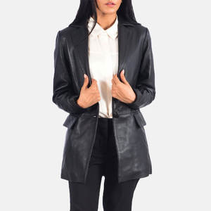 Blazer de Cuero Genuino Negro para Mujer, Chaqueta Clásica de Corte Entallado, Ropa Formal de Negocios, Abrigo de Cuero Suave de Primera Calidad con Solapa - Product Image 1