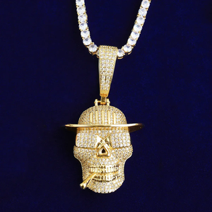 Pendentif crâne en argent 925 plaqué or avec chapeau et cigare, style hip hop, pour homme. - Product Image 1