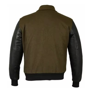 Blouson bomber en laine verte pour homme, manches en cuir, col rabattu, coupe classique, veste de sport pour l'automne et l'hiver - Product Image 4
