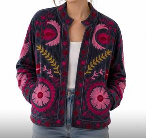 Women's <b>Velvet</b> Embroidered <b>Jacket</b> With Floral Pattern Mandarin Collar Full Sleeve Autumn Outerwear Prairie Chic Style - Product Image 2