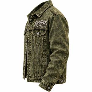 Men's Distressed Denim <b>Jacket</b> with <b>Sequined</b> Logo Casual Button Fly Regular Fit Winter Streetwear Waterproof Cotton Woven Coat - Product Image 3