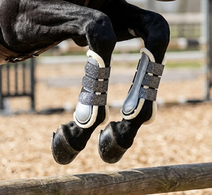 Equine Premium Patent Faux Leather Horse Shockproof Brushing Boots Fur Soft Padded Glitter Velcro Straps Horse Riding Tack - Product Image 5