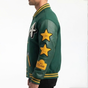 Veste de baseball en laine pour homme, personnalisée, de haute qualité, la plus vendue, verte, avec patchs brodés lettres et étoiles, collection automne - Product Image 4