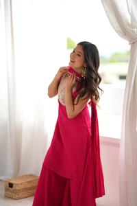 Ensemble de vêtements ethniques et accessoires : Haut en soie romaine véritable avec broderie miroir, pantalon palazzo et dupatta à motif nœud (HTU 67) - Product Image 5
