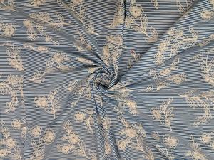 Tissu brodé en coton rayé bleu et blanc de qualité supérieure – Motif floral blanc sur fond rayé pour la confection de vêtements - Product Image 2