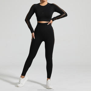 Ensemble de vêtements de sport pour femmes, haut court à manches longues tie-dye, leggings taille haute, ajusté, en polyester, design sans couture, longueur intégrale - Product Image 6