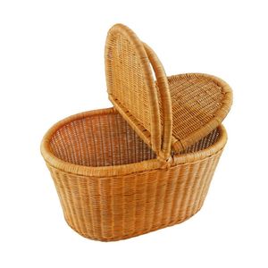 Traditional Rattan Picnic <b>Basket</b> Box Shape Oval <b>Wicker</b> <b>Storage</b> Hamper Daisy Pattern Cloth Lining with Movable Handles Wholesale - Product Image 2