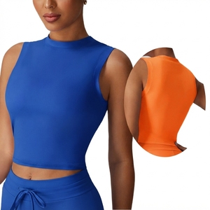 Women Solid Color <b>Mock</b> <b>Neck</b> Sleeveless Crop <b>Top</b> Tank <b>Top</b> Yoga <b>Top</b> Breathable Seamless Fit Regular Style Spandex Polyester - Product Image 2