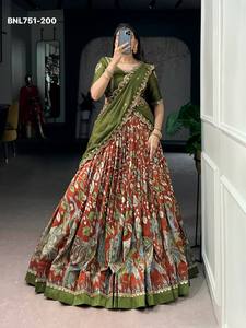 Gorgeous Looking Tussar Silk with Kalamkari Print & Lace Border <b>Flared</b> Can-Can Lehenga-Embroidered Choli-Dupatta Woman Fashion - Product Image 4