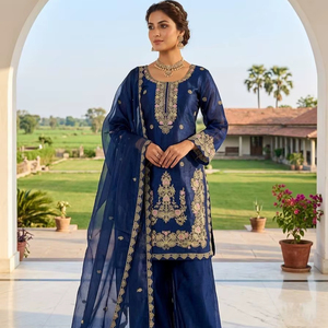 Conjunto de Kurti y Palazzo Azul Marino de Diseñador con Bordado y Dupatta |   Ropa Étnica Festiva y de Boda para Mujer - Product Image 1