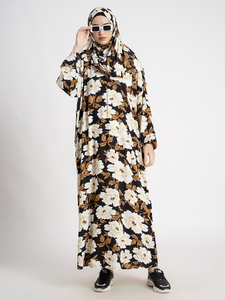 Gorgeous Floral Printed <b>Satin</b> Muslimah Maxi Dress with Long Sleeves and Matching <b>Hijab</b> Traditional Islamic Kebaya Baju Kurung - Product Image 3