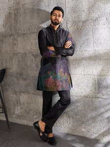 Best Quality <b>Men</b> Ethnic Jacquard Weave <b>Kurta</b> Pajama Set Party Wear Comfortable and Stylish Art Silk Outfit Available For Sale - Product Image 5