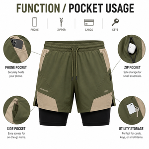 Men's Color Blocked Quick Dry Sport Shorts With Pockets Drawstring Waist <b>Mid</b> Length Olive Green Beige Two <b>Layer</b> Design - Product Image 3