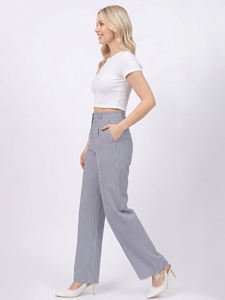 Pantalon droit rayé taille mi-haute en tissu Oxford pour femme, coupe régulière, longueur complète, décontracté, pour le bureau, en lin/coton, avec poches, séchage rapide - Product Image 1