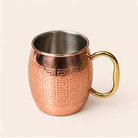 Mug à Moscow Mule en cuivre pur artisanal de qualité supérieure avec motif grec gravé et poignée en laiton, tasse à bière et cocktail pour bar