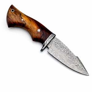 Cuchillo de Camping Hecho a Mano con Acero de Damasco, Hoja Recta, Mango de Madera, Funda de Cuero de Grado Industrial - Product Image 1
