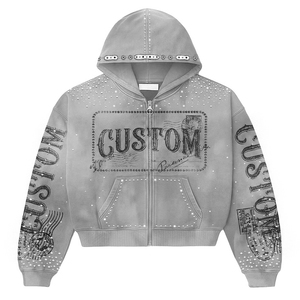 Sudaderas con capucha y cremallera para hombre, de algodón personalizado, con lavado desgastado, gráfico DTG, corte holgado, con pedrería, estilo streetwear - Product Image 1