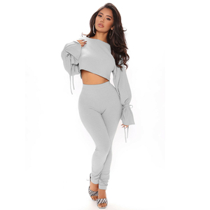 Ensemble de survêtement côtelé grande taille pour femme, col carré, haut court à manches longues, pantalon skinny, tenue décontractée pour le printemps - Product Image 1