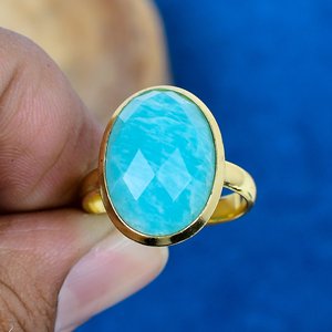 Natural Blue Amazonite Oval Shape Gemstone <b>Ring</b> Handmade 18k Gold Micron Over 925 Sterling <b>Silver</b> - Product Image 1