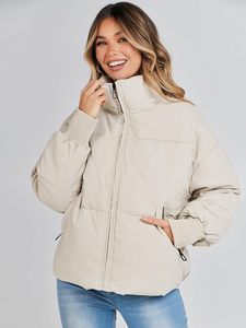 Women's Beige Quilted Jacket Full Sleeve Zipper Closure <b>Stand</b> Collar Solid Color Winter Puffer <b>Coat</b> - Product Image 1