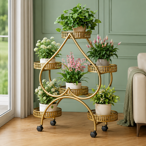 Soporte para Plantas en Forma de Lágrima de Metal Dorado con Ruedas, Estante de Exhibición de Macetas de Varios Niveles para Jardín Interior, Decoración del Hogar y Patio - Product Image 3