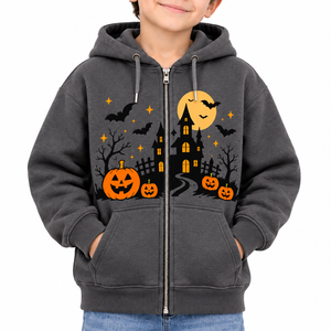 Sweat à capuche zippé en polaire pour garçons, motif Halloween (Maison hantée, Citrouille, Chauve-souris, Lune), couleur anthracite, style décontracté, pour l'hiver, vente en gros, OEM ODM personnalisé - Product Image 4
