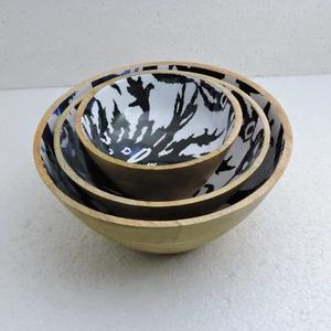 Bol et saladier en bois de mangue imprimé bleu de couleur naturelle, vente en gros, petit bol créatif noir de luxe, espace quantité minimaliste - Product Image 4