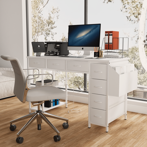 47\" White Home Office Computer <b>Desk</b> <b>with</b> Power Outlet Writing Vanity Table & 7 Fabric <b>Drawers</b> <b>Large</b> Side Pocket - Product Image 1