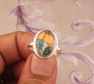 Natural Oyster Copper Turquoise <b>Ring</b> 925 Sterling Silver Handcrafted Spiny Oyster Jewelry Blue Orange Gemstone <b>Statement</b> <b>Ring</b> - Product Image 1
