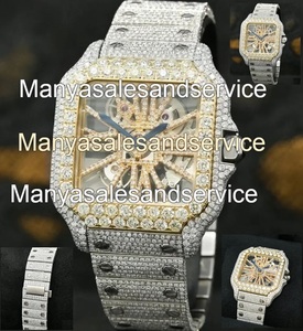 Reloj de Pulsera con Cristales Cuadrados de Moissanita VVS Totalmente Cubiertos de Piedras, Diseño de Esqueleto, Manecillas de Cuarzo, Tono Plateado, Estilo Hip Hop, Elegante y de Primera Calidad - Product Image 1