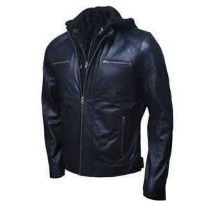 <b>Men's</b> Genuine <b>Leather</b> Shell Hooded Moto <b>Jacket</b> Faux Fur Lining Windproof Zipper Closure Slim Fit Winter Wear Customized Logo - Product Image 4