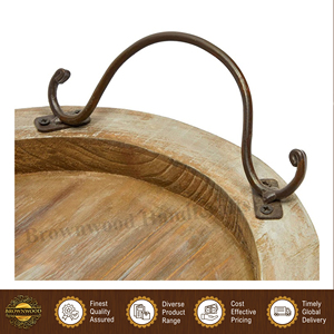 Plateau de service ovale en bois de manguier rustique avec poignées en métal, fait main, décoratif, brun clair, pour usage domestique à prix abordable - Product Image 2