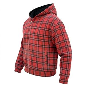 Premium Red Black Plaid Zip Up Hoodie <b>Flannel</b> Pattern Attached Hood Full Zip Long Sleeve Casual Overshirt <b>Jacket</b> Streetwear - Product Image 4