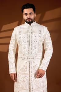 Sherwani Botanique Premium Royal Divine Pearl, Base Divine Touch, Multicolore Pastel, avec Fil Dhaga, Perles Fines et Paillettes, pour Tenue de Mariage - Product Image 2