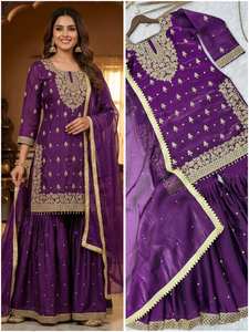 Ensemble Kurta Sharara en Soie GMY Premium avec Broderie de Paillettes Lourdes et Dupatta en Dentelle Fantaisie – Tenue Ethnique en Gros - Product Image 2