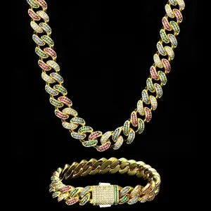 Cadena Cubana de Joyería Hip Hop Chapada en Oro con Diamantes Multicolores - Product Image 1