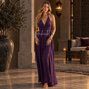 Plum <b>Purple</b> <b>Halter</b> <b>Neck</b> Maxi <b>Dress</b> Adjustable Waist Tie Soft Textured Fabric Side Slit Flowy Summer Beach Evening Partywear Gown - Product Image 3