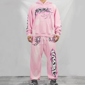 <b>Pink</b> Hooded <b>Tracksuit</b> <b>Set</b> Sublimation Print Streetwear Loose Fit Full Length Drawstring Pants Unisex Adult Winter Breathable - Product Image 1