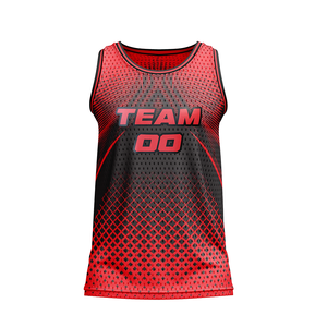 Maillot de basket-ball personnalisé sublimé pour votre équipe, rouge et noir, en mesh, sans manches, unisexe, pour adulte, coupe classique. - Product Image 1
