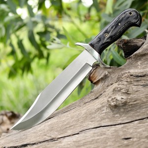 Couteau de chasse Bowie en acier au carbone avec manche en bois Pakka et embout en laiton, couteau de chasse et de camping avec étui en cuir - Product Image 1