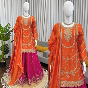 Bulk Supply Indian Style Clothing Best Party and Festival Wear Chinnon <b>Silk</b> with Thread and Sequence Work Sharara Suit for Sale - Product Image 6